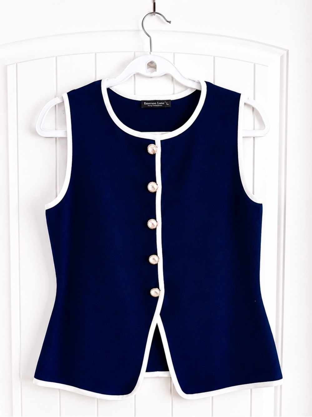 Emerson Lang Navy Contrast Trim Knit Vest Top – Gold Button Front – Size Large